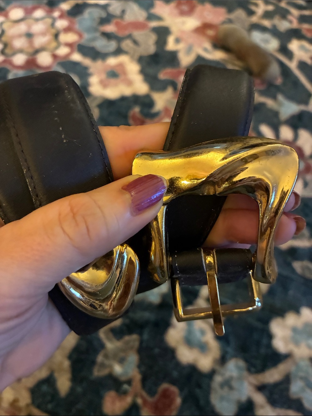 Black Leather Belt with Gold Sculpted Buckle